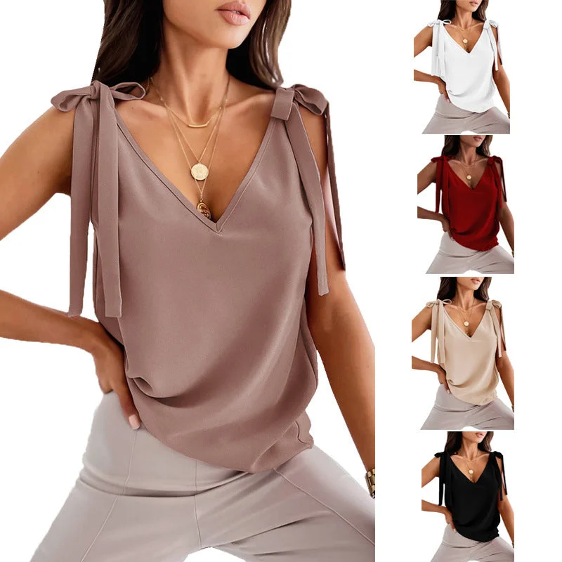 Bowknot Tie Up Camisole V-neck Shirts Women Summer Sleeveless Tank Tops sexy tank top