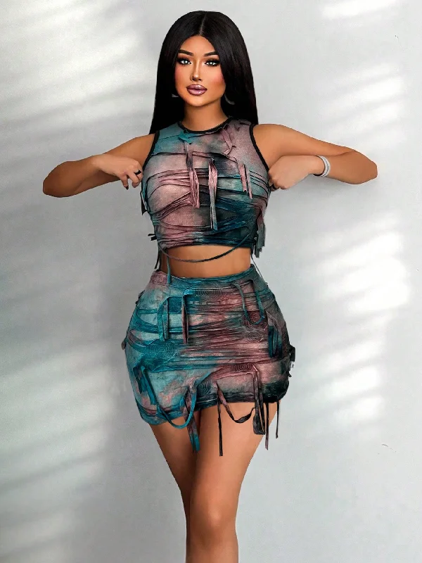 Foxxy Women Tie Dye Ripped Cut Out Cropped Tank Top And Form-Fitting Mini Skirt Set, 2 Pieces one shoulder tank