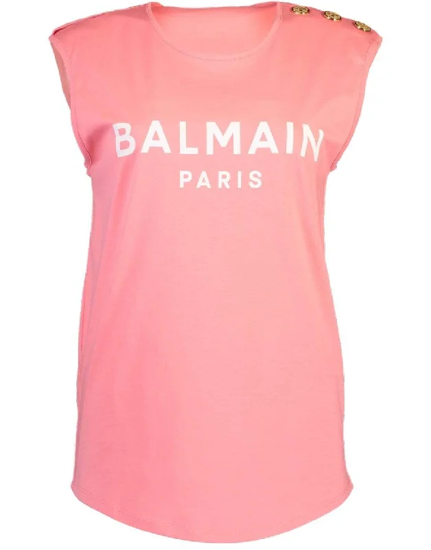 3 Button Balmain Printed Tank Top - Rose summer tank top