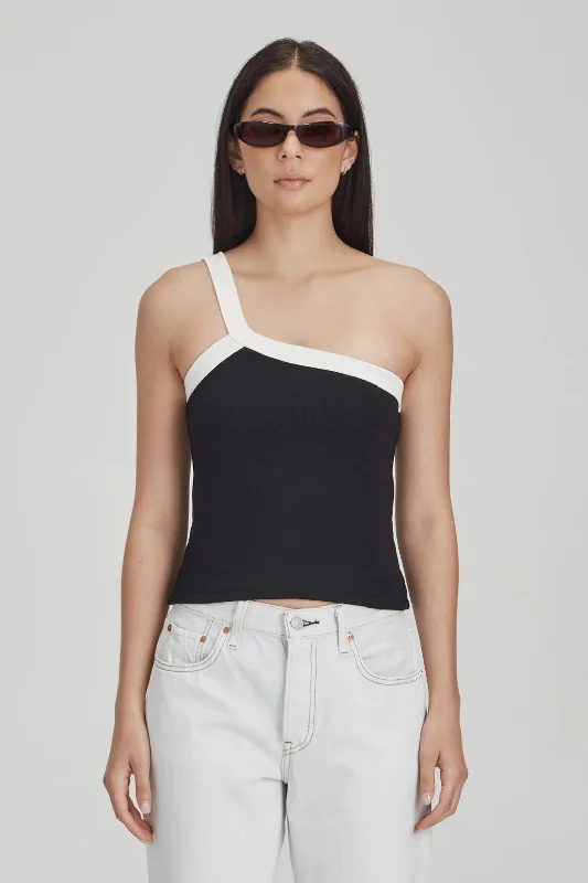 Commoners - Fitted Rib Single Shoulder Tank, Black w/ White fitted tank top