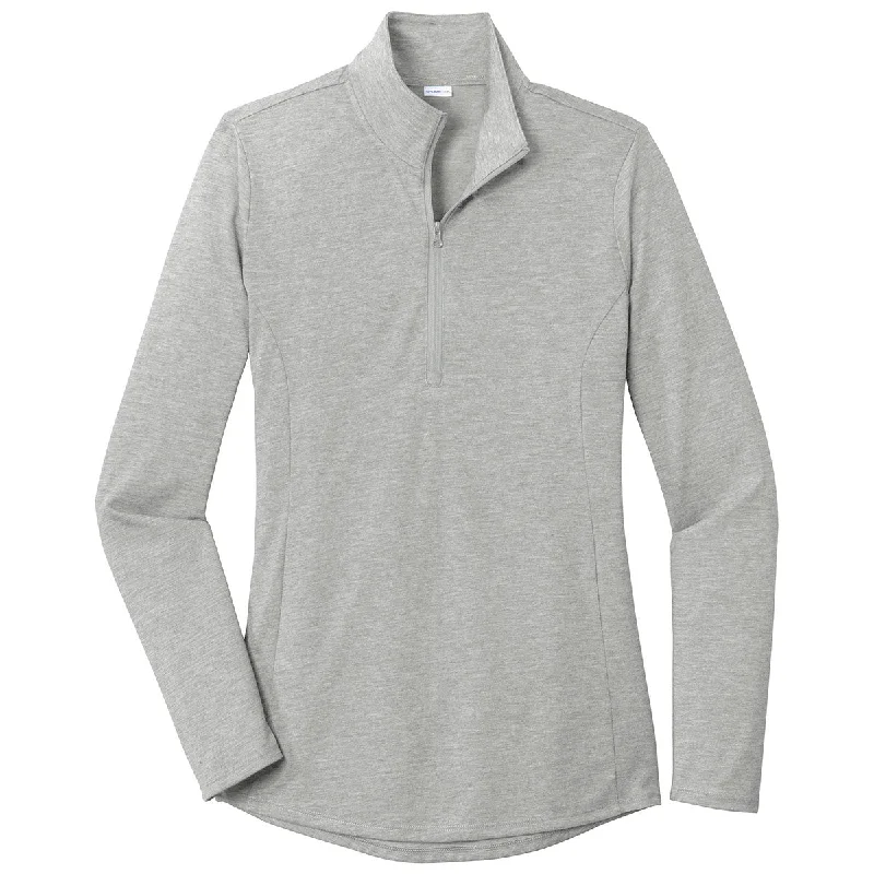 Sport-Tek Women's Light Grey Heather PosiCharge Tri-Blend Wicking 1/4-Zip Pullover Boat Neck Sweater