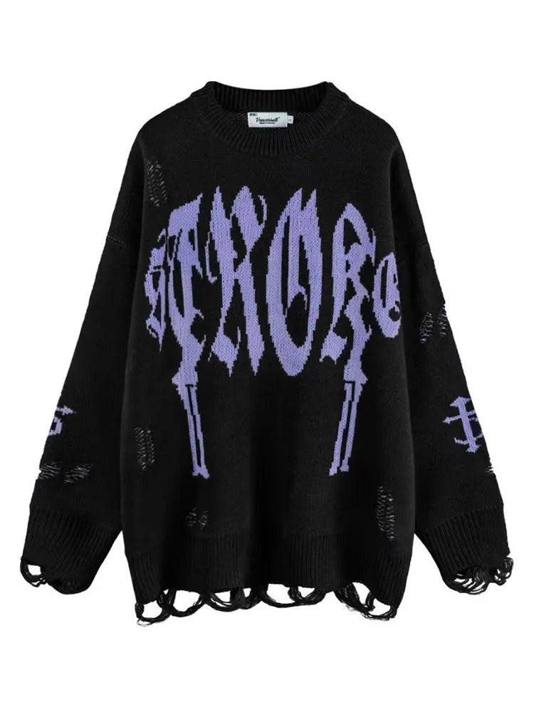 Advbridge Women's sweater Tops Harajuku Sweater Women Gothic Vintage Ripped Grunge Jumper Streetwear Korean Y2k Oversize Hiphop Pullover Ruffled Neck Pullover