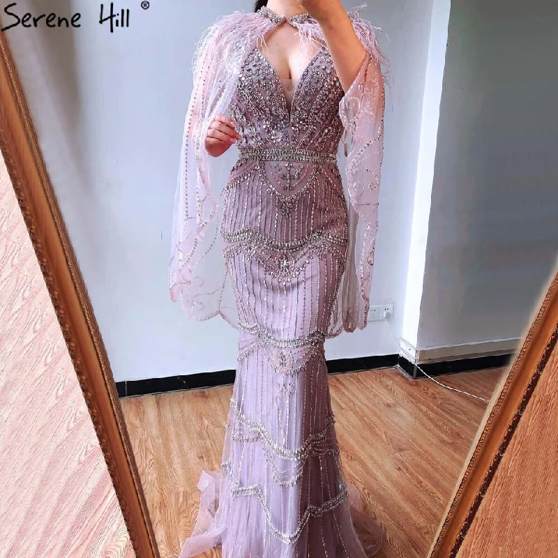 Dubai Purple V-Neck Mermaid Sexy Evening Dresses 2024 Sleeveless Shawl Yarn Feathers Formal Dress Serene Hill LA70171A Cozy Knit Shawl Scarf