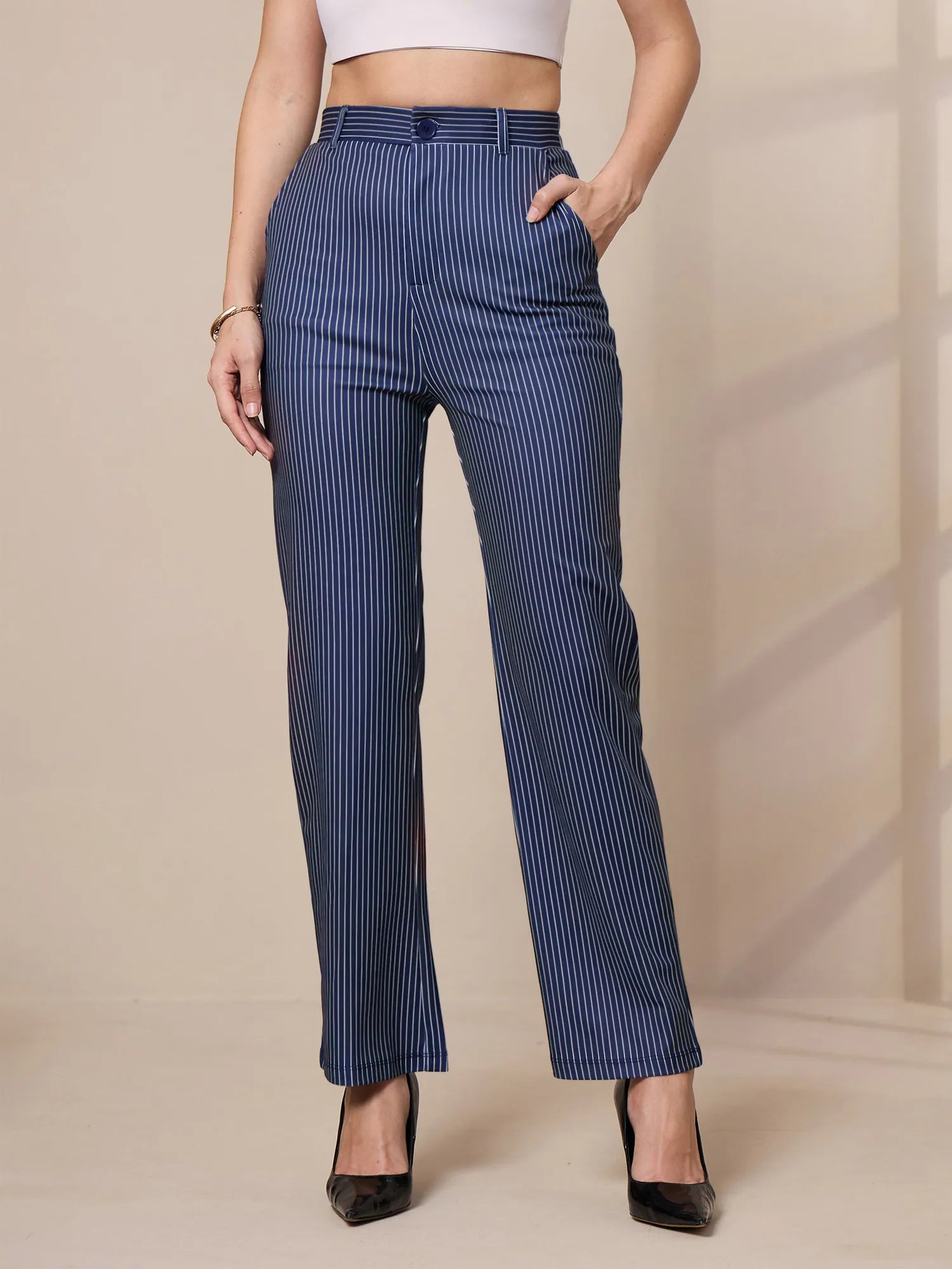 Women Navy Striped Straight Fit Trousers-SFPANT50901 Trousers Vintage Classic