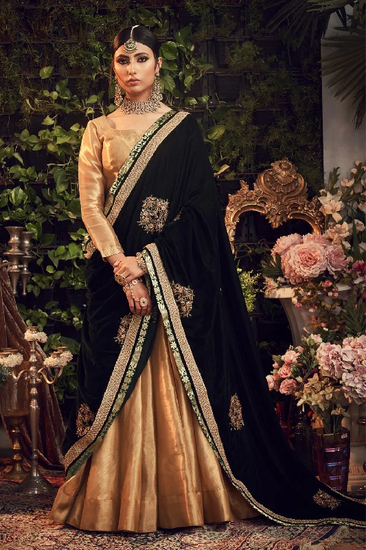 Oxidised Gold Lengha Set With Velvet Dupatta Shawl Elegant Knit Shawl Cape