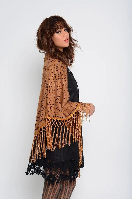 Muche et Muchette Jagger Cut Out Faux Suede Shawl with Fringe in Cognac Stylish Knit Shawl Wrap