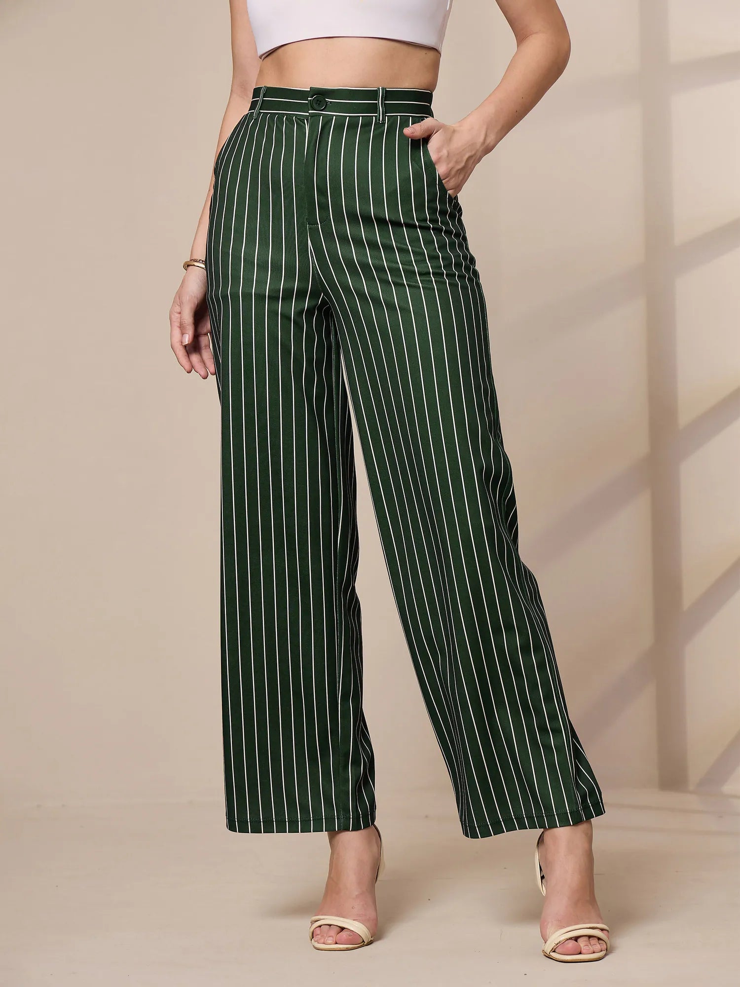 Women Green Striped Straight Wide Leg Trousers-SFPANT50903 Trousers Sale Discount