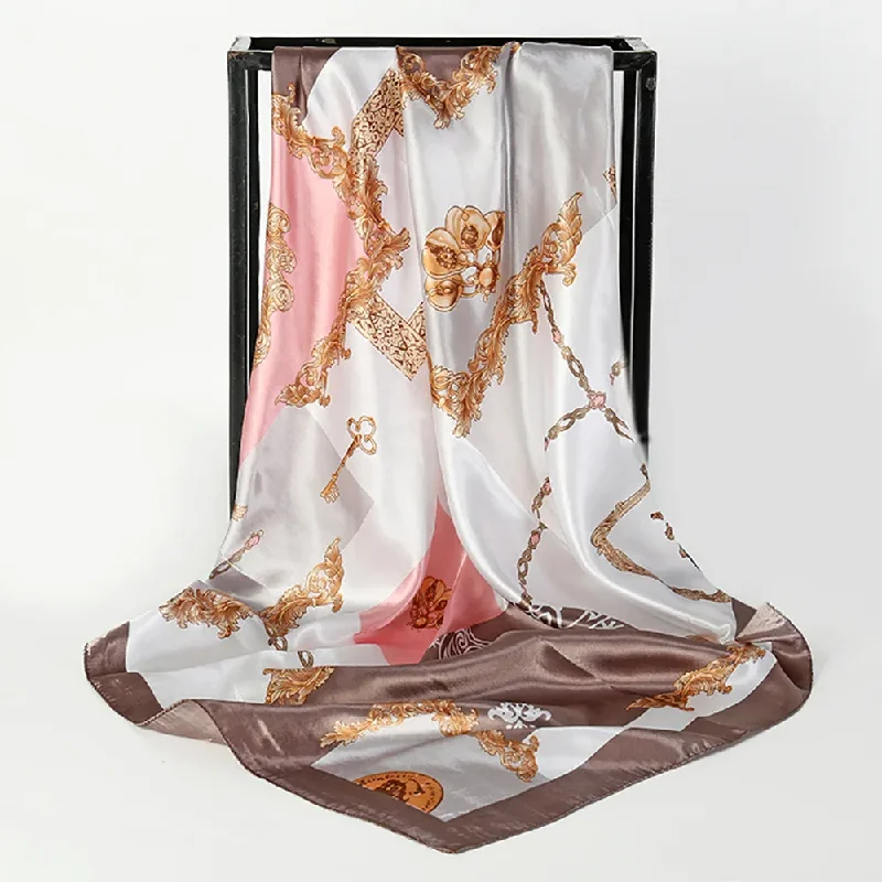 (Buy 1 Get 2) 90*90Cm Women'S Fashion Color Matching Geometric Pattern Printing Shawl Silk Scarf Elegant Lace Shawl Wrap