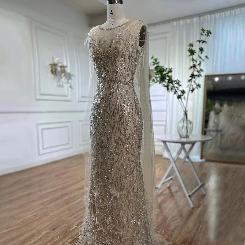 Serene Hill Beige Mermaid Shawl Yarn Sexy Beaded Feathers Luxury Dubai Evening Dresses Gowns  2024 For Women Party LA72142 Fashionable Embroidered Shawl