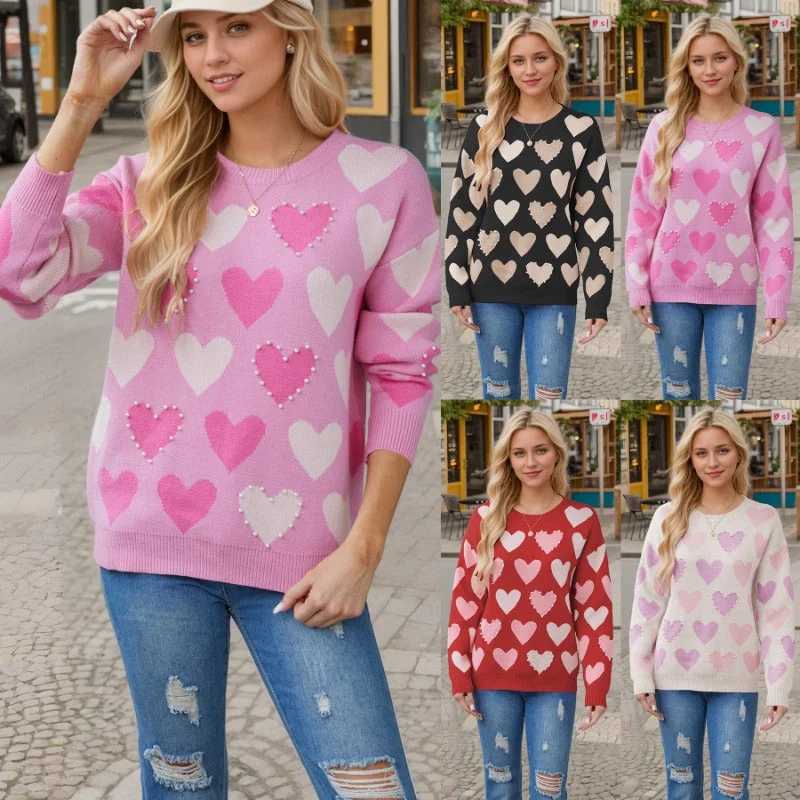 Wholesale Valentine's Day Round Neck Handmade Beaded Peach Heart Pullover Sweater Thick Cable Knit