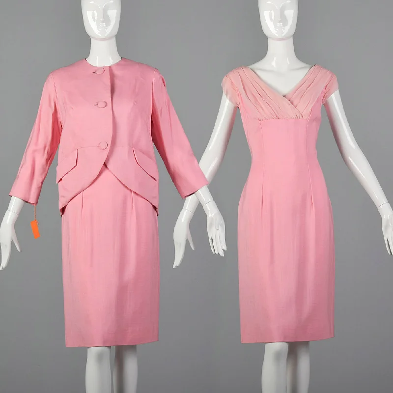 1960s Lilli Diamond Deadstock Pink Wiggle Dress and Jacket Set Welt Pockets Slit Pockets Flap Pockets