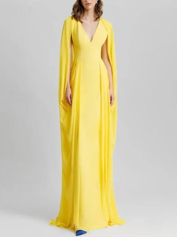 Sheath/Column Floor Length Sleeveless V Neck Wedding Guest Dresses  Stretch Chiffon with Shawl Chic Cotton Shawl Wrap