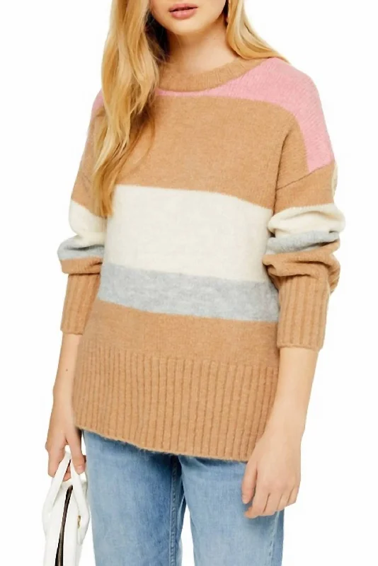 Ultra Soft Knit Crewneck Sweater Striped Pullover In Multicolor Faux Fur Trim