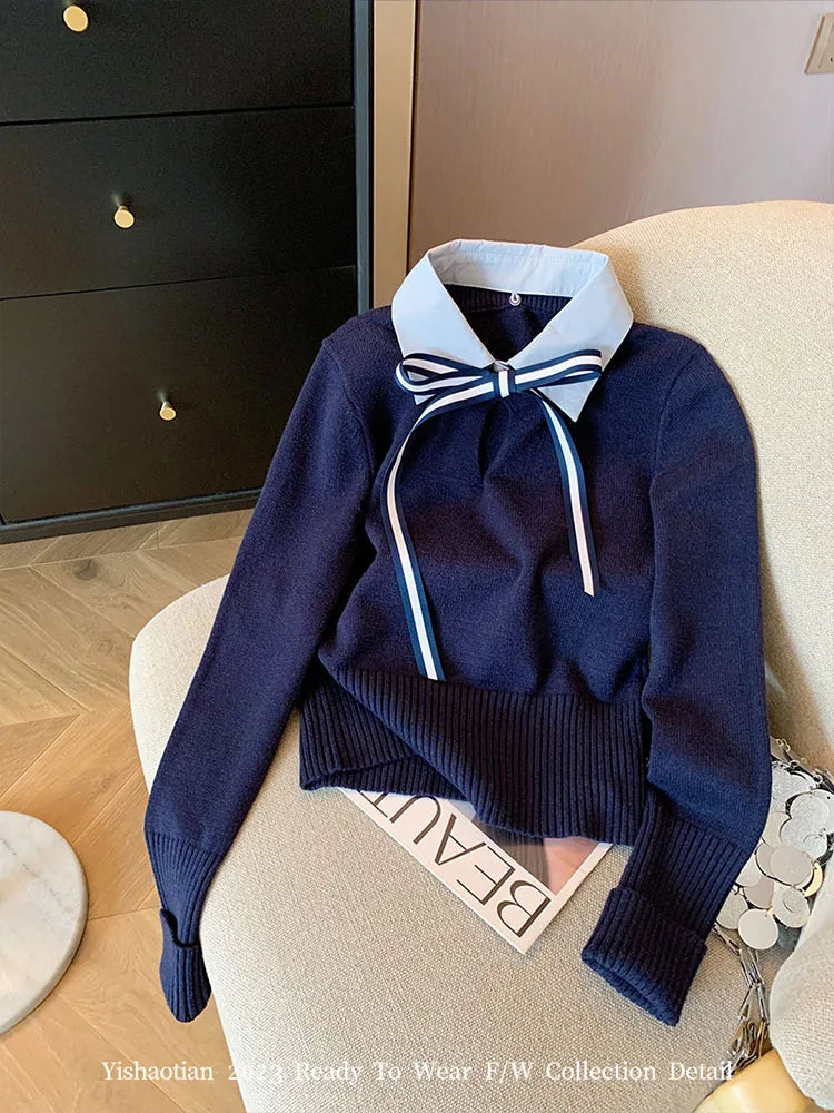 Advbridge Preppy Style Navy Sweater Women Polo Collar Oversized Knitted Pullover Loose Korean Fashion Casual Slim Bow Jumper Spring Summer Faux Fur Trim