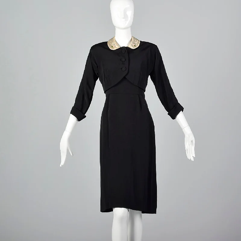 1950s Black Rayon Dress and Jacket with Unique Neckline Elasticated Jacket Padded Jacket Insulated Jacket