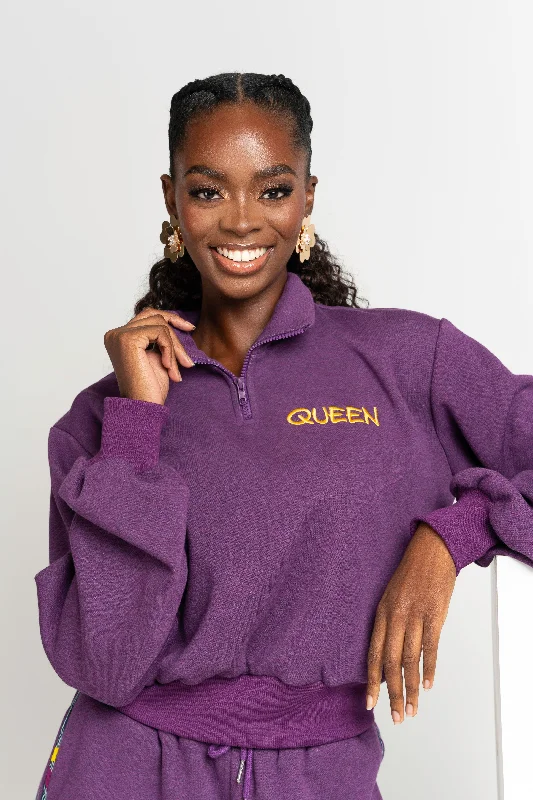 PURPLE QUEEN Plush fleece Crop Pullover Shirred Sleeve Feminine