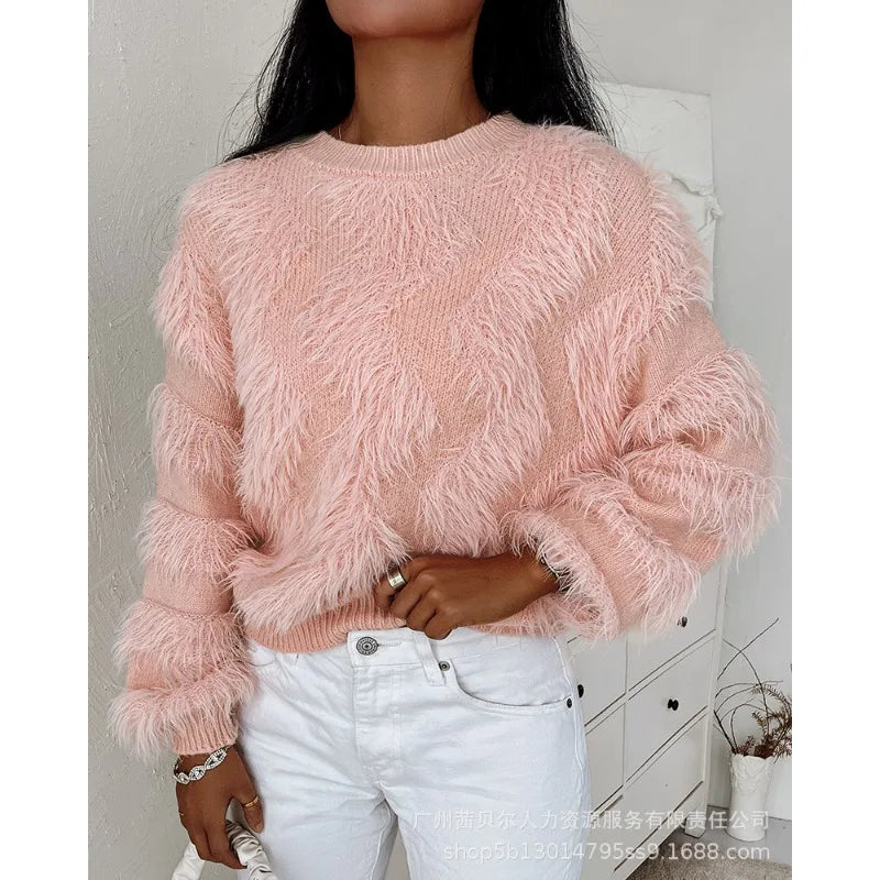 Advbridge Round Neck Long Wool Sweater Pullovers Fashion Loose Sweater Women Solid Color Casual Long Sleeve Knitted Sweaters Bishop Sleeve Elegant