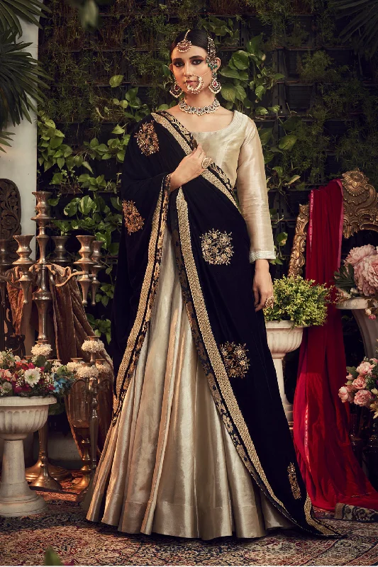 Champagne Lengha Set With Velvet Dupatta Shawl Warm Knit Shawl Wrap