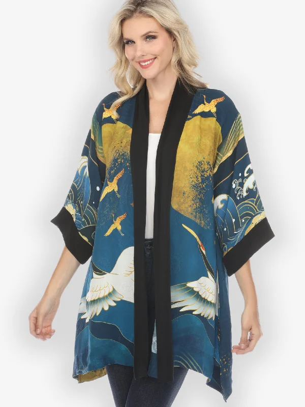 Crane Sky Gold Blue Silk Kimono Jacket Trench Coat Raincoat Waterproof Jacket