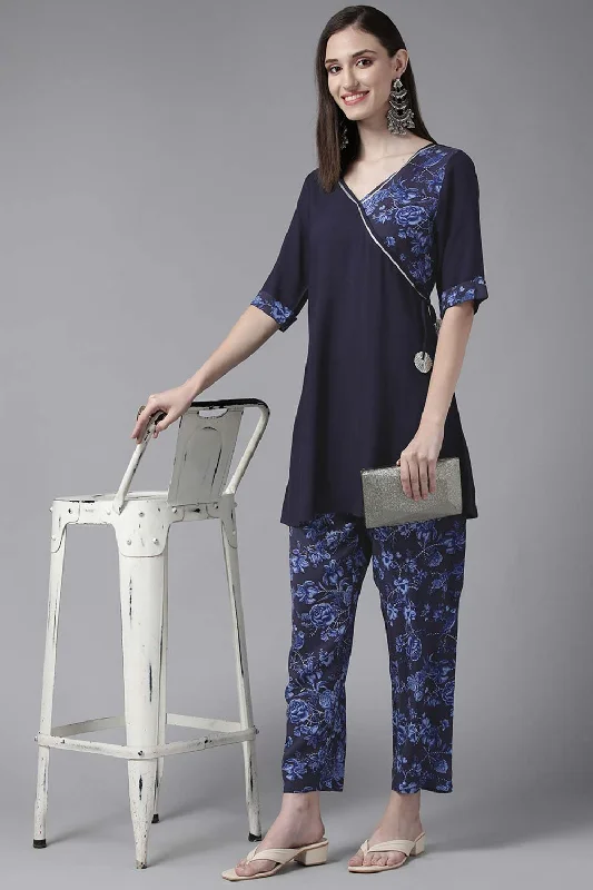 Navy Blue Rayon Wax Printed Angrakha Gotta Patti Tunic With Trousers Trousers sophisticated sleek