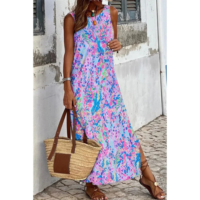 Wholesale Printed Sleeveless Round Neck Pullover Ankle Length Maxi Dress Saggy Sleeve Comfort