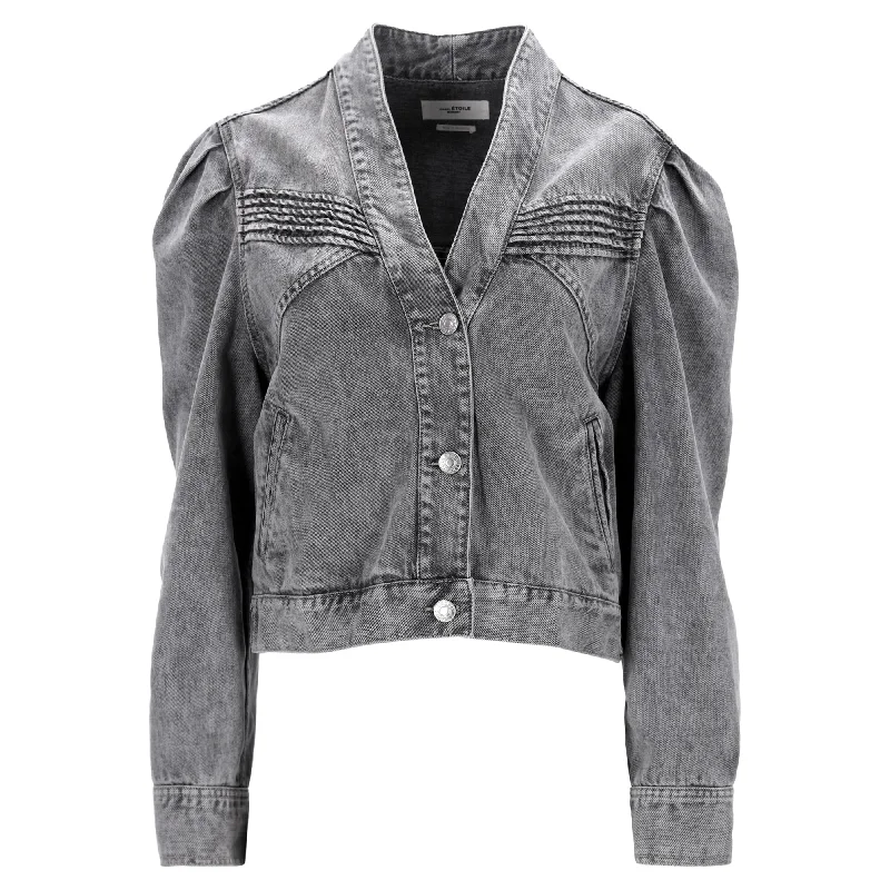 Isabel Marant Etoile Hacene Acid Wash Jacket In Grey Cotton Denim Snapped Jacket Toggled Jacket Drawstring Jacket