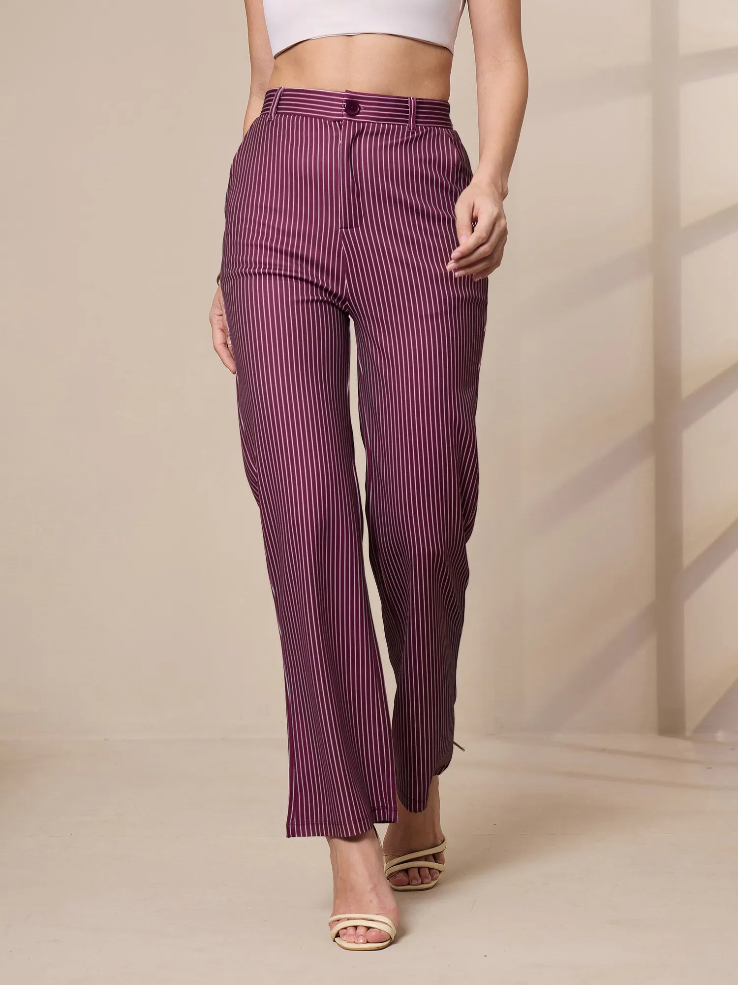 Women Maroon Striped Straight Fit Trousers-SFPANT50902 Trousers Brand Named