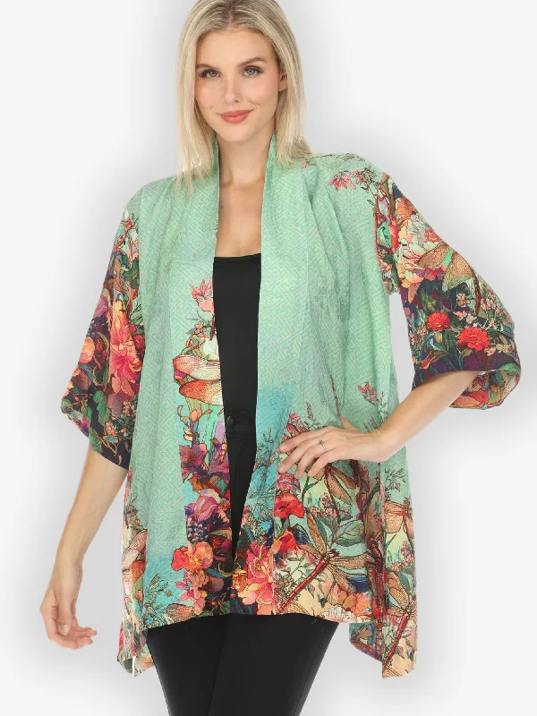 Colorful Dragonfly Floral Kimono Jacket Faux Fur Jacket Real Fur Jacket Shearling Jacket