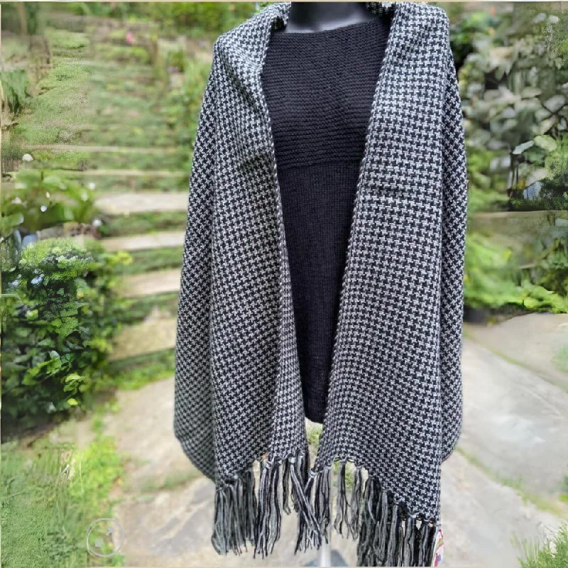 Woollen Shawl With Fringes | Grey | Loom Knit | Black Check | Women Winter Wear Cozy Cashmere Shawl Throw