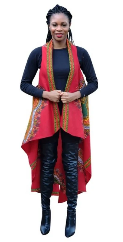 Esemole Red Dashiki African Print Fashion Shawl Wrap Vest with Armholes - DPPS3975 Soft Knit Shawl Poncho