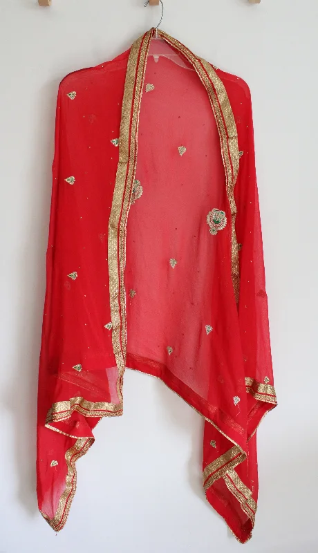 Red & Gold Edged & Beaded Dupatta Shawl Classic Plain Shawl Wrap