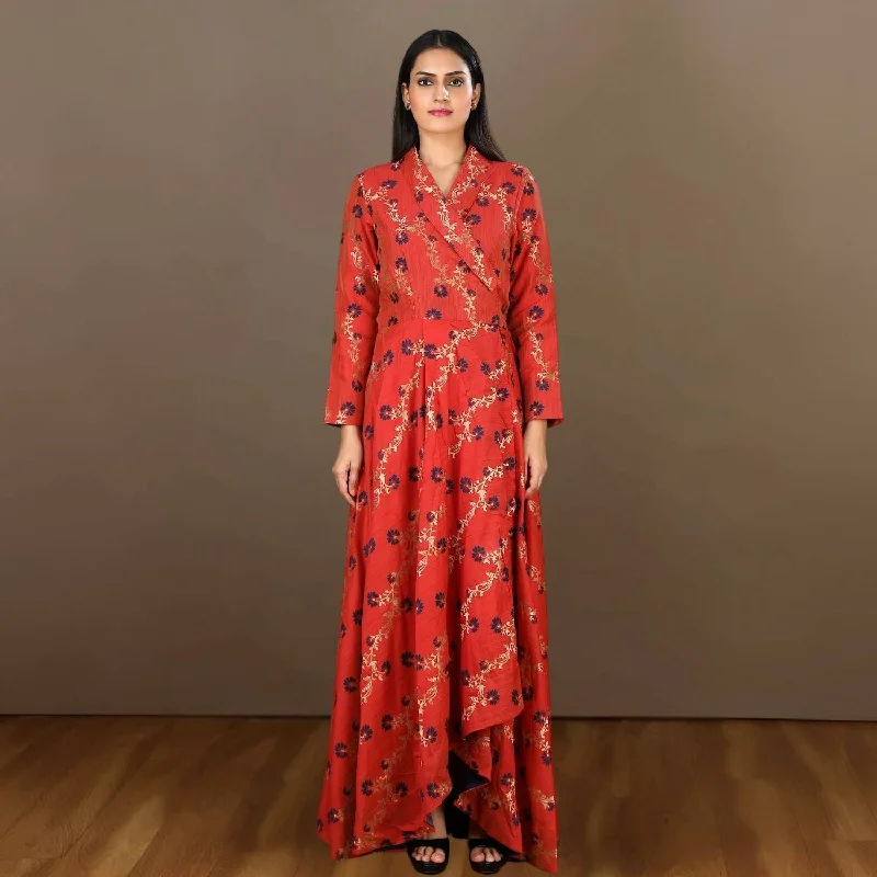 Elaya Shawl Collar Angarakha Gown | Festive Occasion | Hand-Crafted Trendy Floral Print Shawl