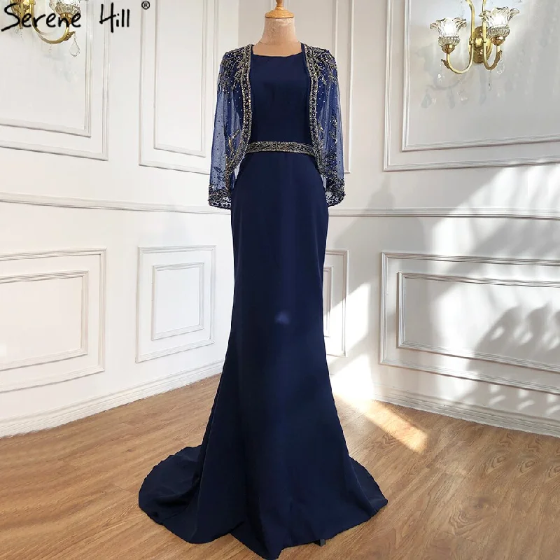 Serene Hill Navy Blue Mermaid Elegant Evening Dresses Gowns 2024 Satin Beading Shawl Yarn Sexy For Women Party LA70884 Comfortable Knitted Shawl Wrap