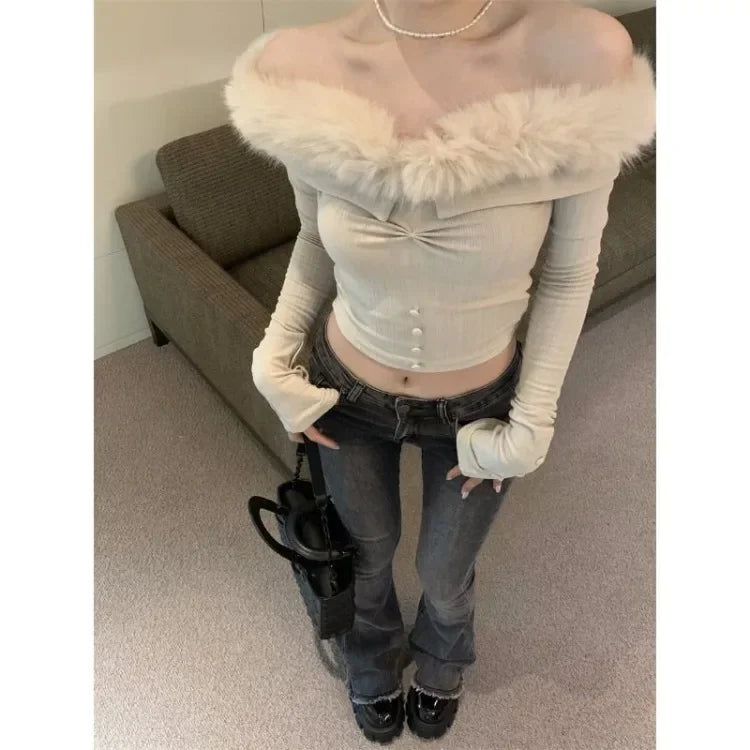 Advbridge Sexy Popular Off Shoulder Plush Tops Women 2024 Autumn Slim Fit Sweaters Mujer Y2k E-Girl Long Sleeve Bottoming Pullovers Boyleg Sleeve Pullover