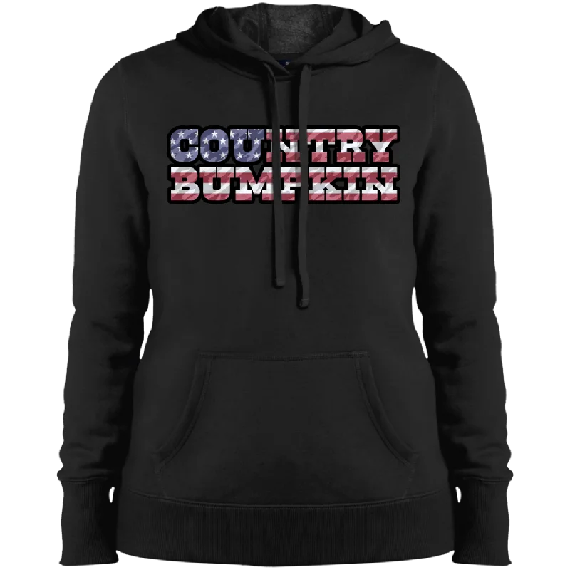 "Country Bumpkin" Camo US Flag Text Sport-Tek Ladies' Pullover Hooded Sweatshirt Flutter Sleeve Feminine