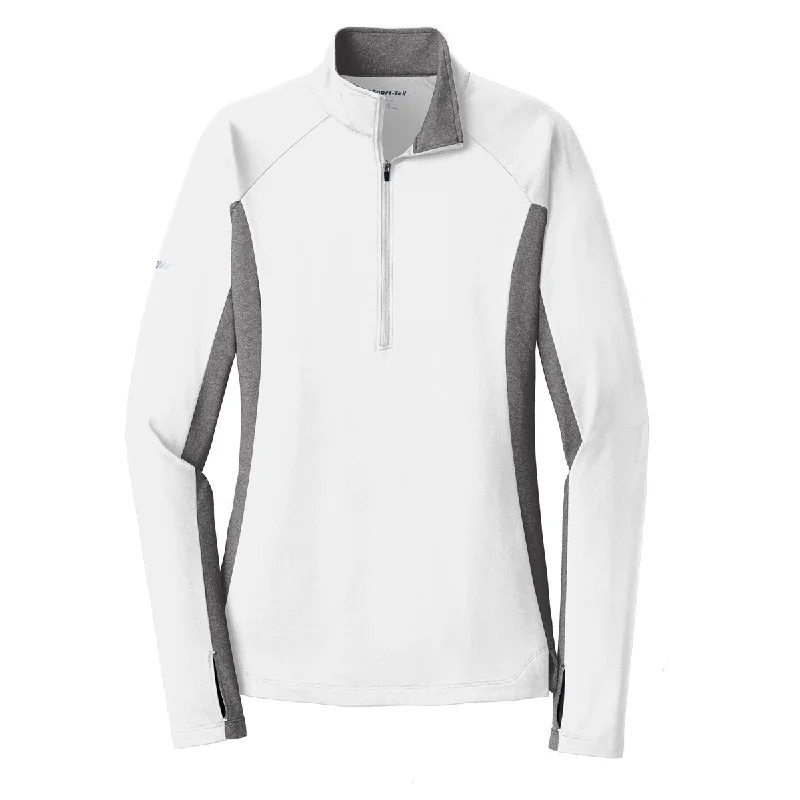 Sport-Tek Women's White/Charcoal Grey Heather Sport-Wick Stretch Contrast 1/2-Zip Pullover Three Quarter Sleeve