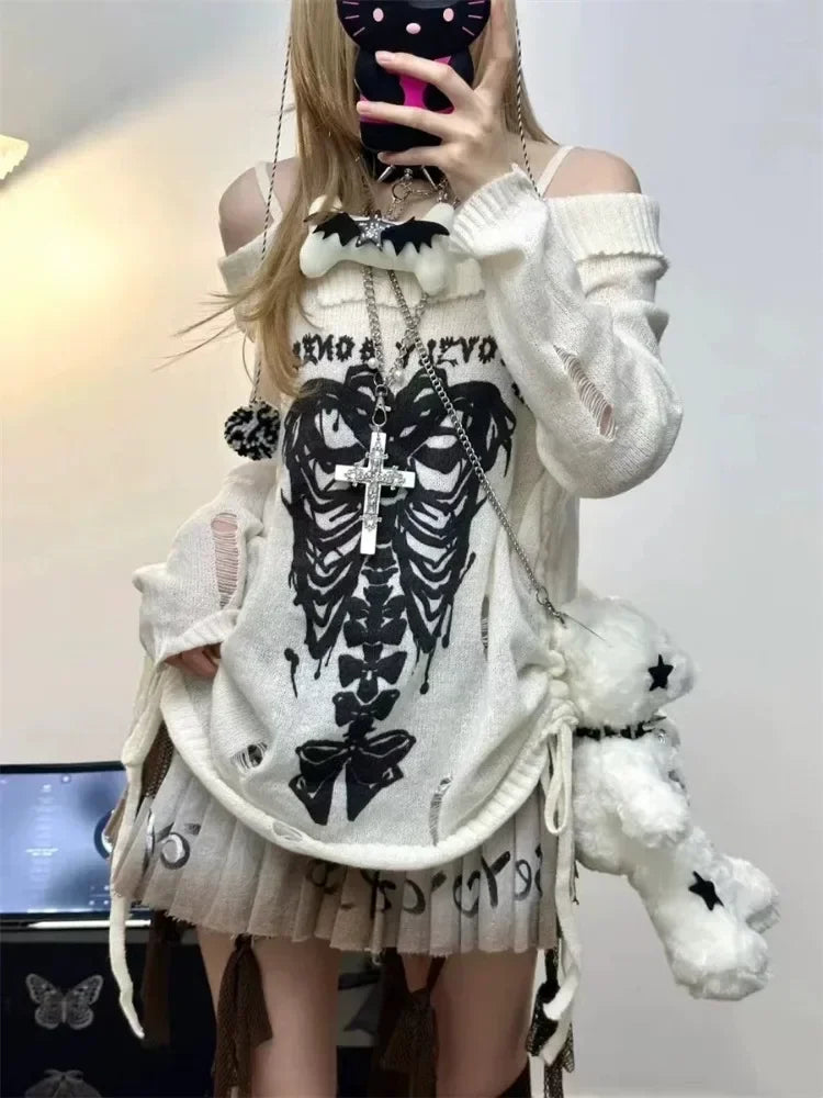 Advbridge Y2k Harajuku Gothic Knitted Pullovers Women Japanese Fashion Sexy Skull Off The Shoulder Punk Girls Hole Loose Sweater Flare Sleeve Stylish