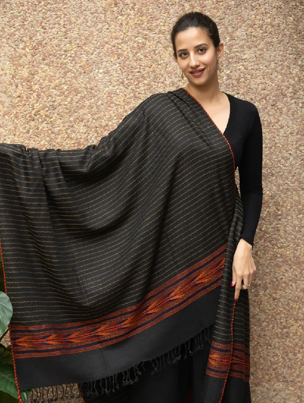 Fine, Soft Himachal Wool Striped Shawl - Black & Red Trendy Oversized Shawl Cape