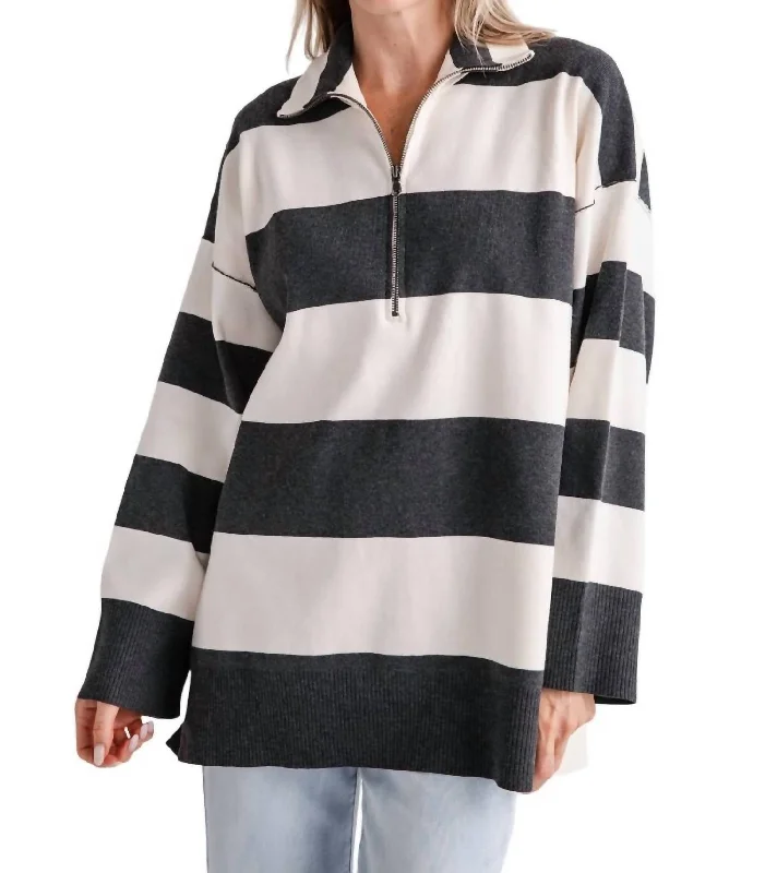 Coastal Stripe Pullover Top In Carbon Champagne Crew Neck Wool