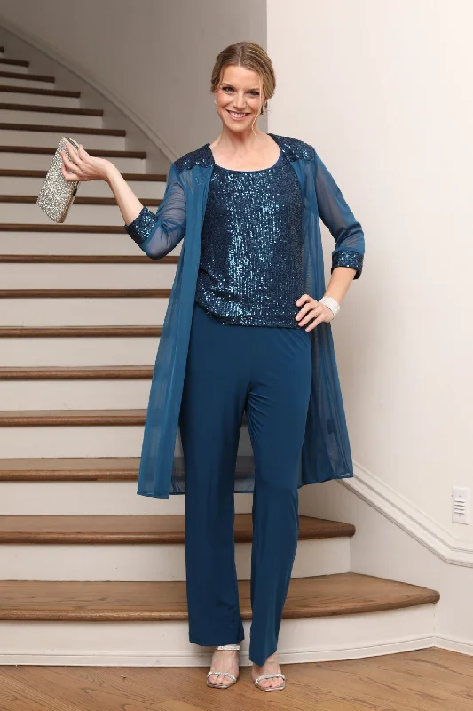 Women's Chiffon Sequin Shell Long Duster Jacket Pant Suit Welt Pockets Slit Pockets Flap Pockets