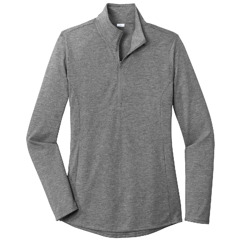 Sport-Tek Women's Dark Grey Heather PosiCharge Tri-Blend Wicking 1/4-Zip Pullover Tapered Sleeve Pullover