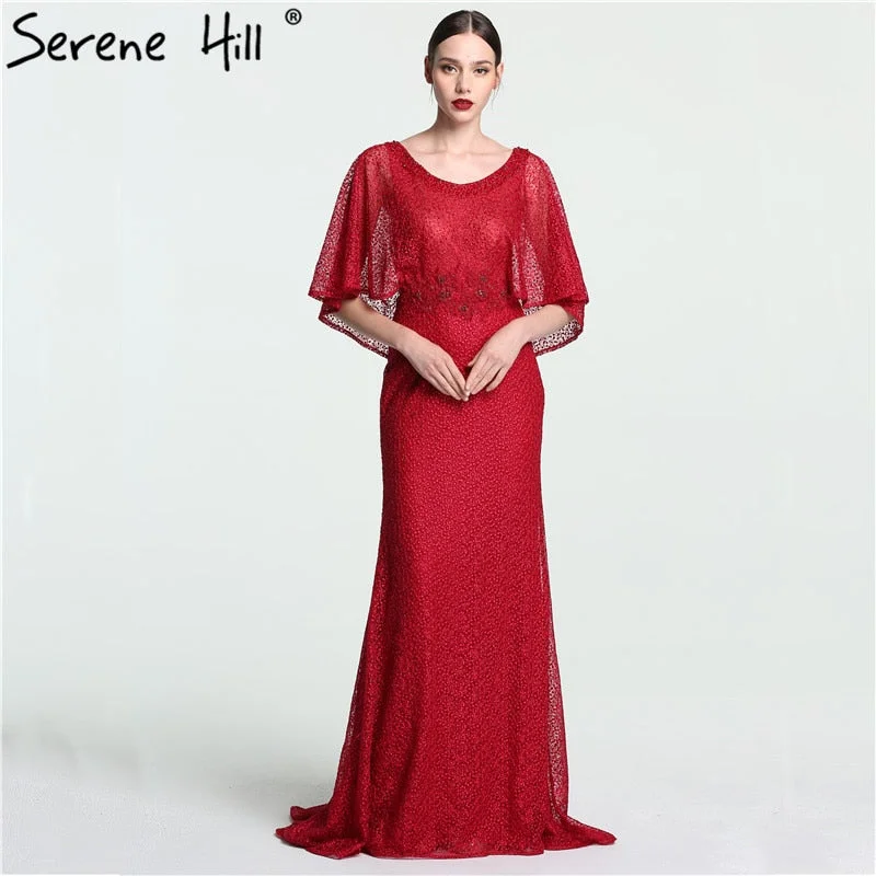 On Sale no return no refundSale Dubai  Wine  Red  Evening Gowns with  Shawl Beading  Lace Mermaid  Evening Dress Long High-end Luxury 2019 Serene Hill LA6137 Soft Knit Shawl Poncho