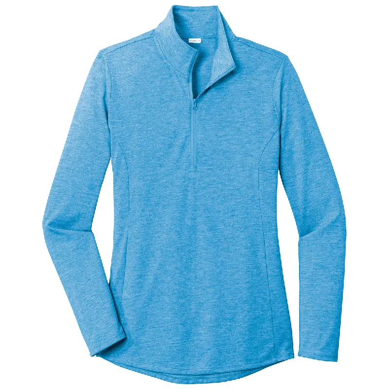 Sport-Tek Women's Pond Blue Heather PosiCharge Tri-Blend Wicking 1/4-Zip Pullover Square Neck Pullover