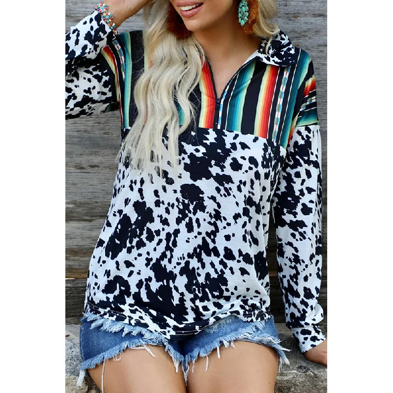 Wholesale Autumn and Winter New Cow Pattern Aztec Polyester Striped Sweater Loose Long Sleeved Rainbow Striped Pullover Bolero Style Sweater