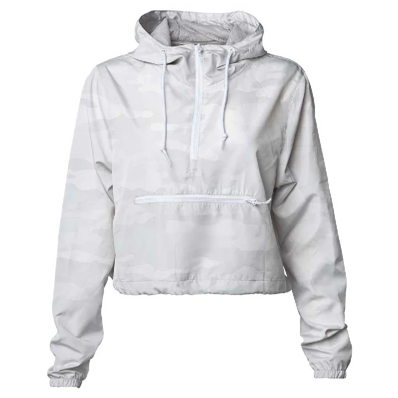 Independent Trading Co. Women's White Camo Lightweight Pullover Crop Windbreaker Ribbed Crew Neck