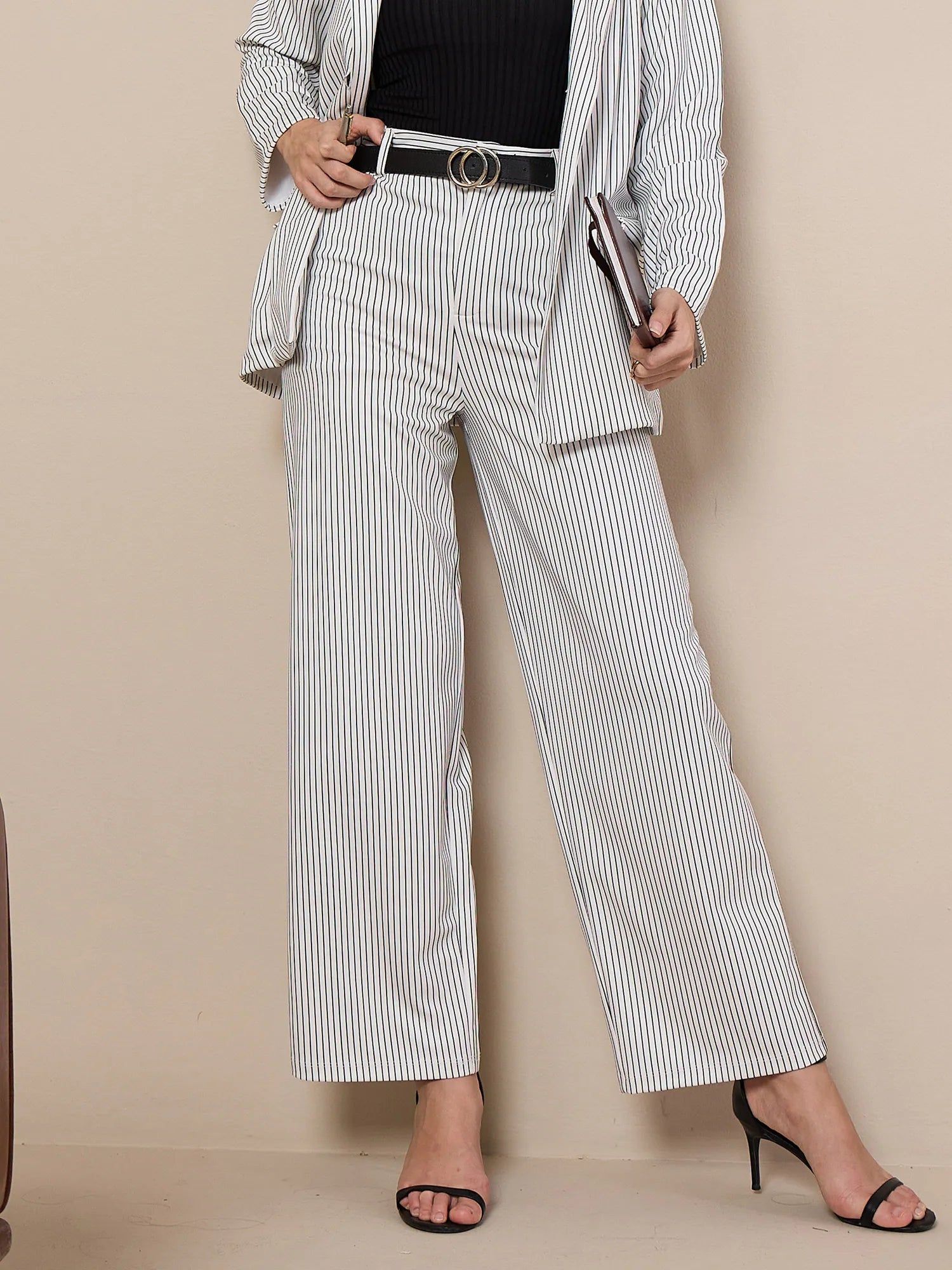 Women White Striped Straight Trousers-SFPANT50905 Trousers Winter Warm