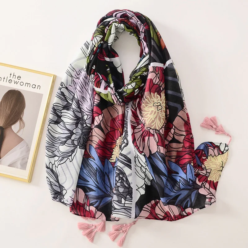 Women Fashion Big Floral Graffiti Pattern Long Shawl Scarf Warm Knit Shawl Wrap