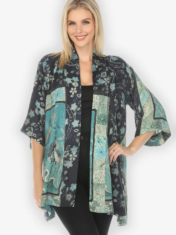 Crane Bamboo Floral Silk Kimono Jacket Cardigan Sweater Pullover