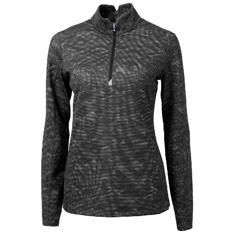 Cutter & Buck Women's Black Traverse Camo Print Stretch Quarter Zip Pullover Shirred Sleeve Feminine