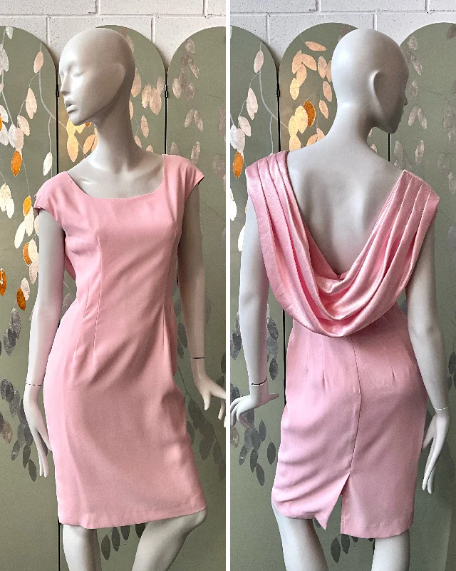 Vintage 1990s Pink Cocktail Dress with Satin Shawl Back, Medium Casual Cotton Shawl